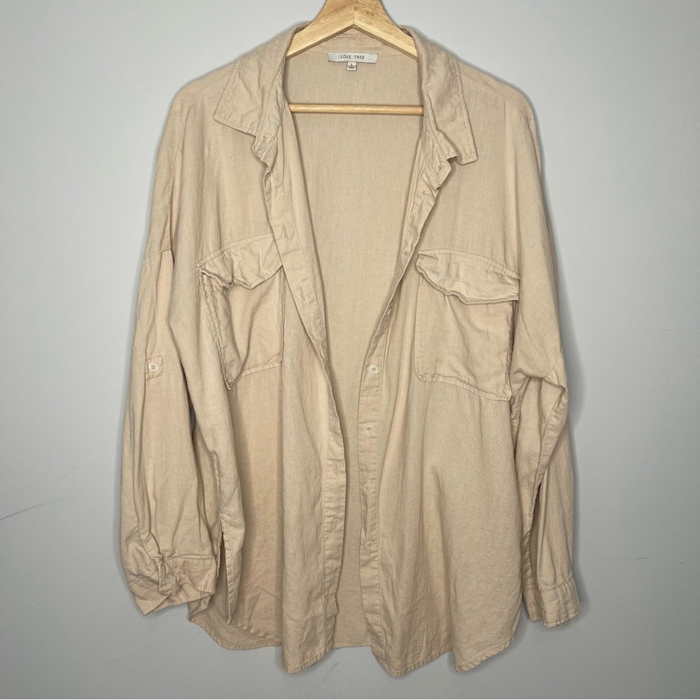 Love Tree Beige Lightweight Button-Up Shirt (Large)